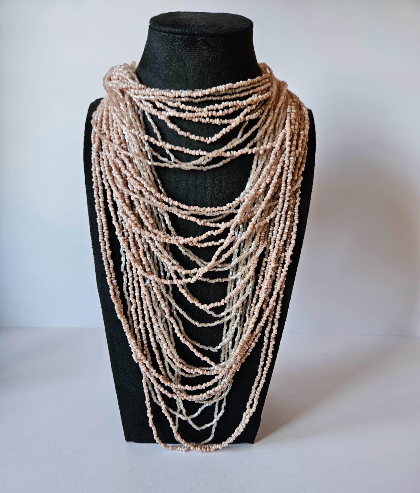 Vintage Pink Boho Multi Strand Bead Waterfall Necklace