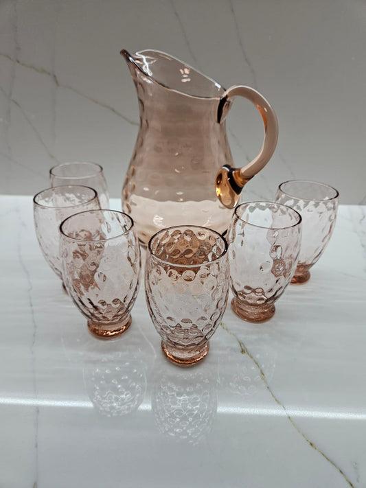 Vintage Lampwork Rose glass pitcher and glasses 1970s