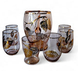 Vintage Bohemia Lemonade Set: Pink Pitcher & Gold leaves Glasses, 1950s