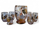 Vintage Bohemia Lemonade Set: Pink Pitcher & Gold leaves Glasses, 1950s