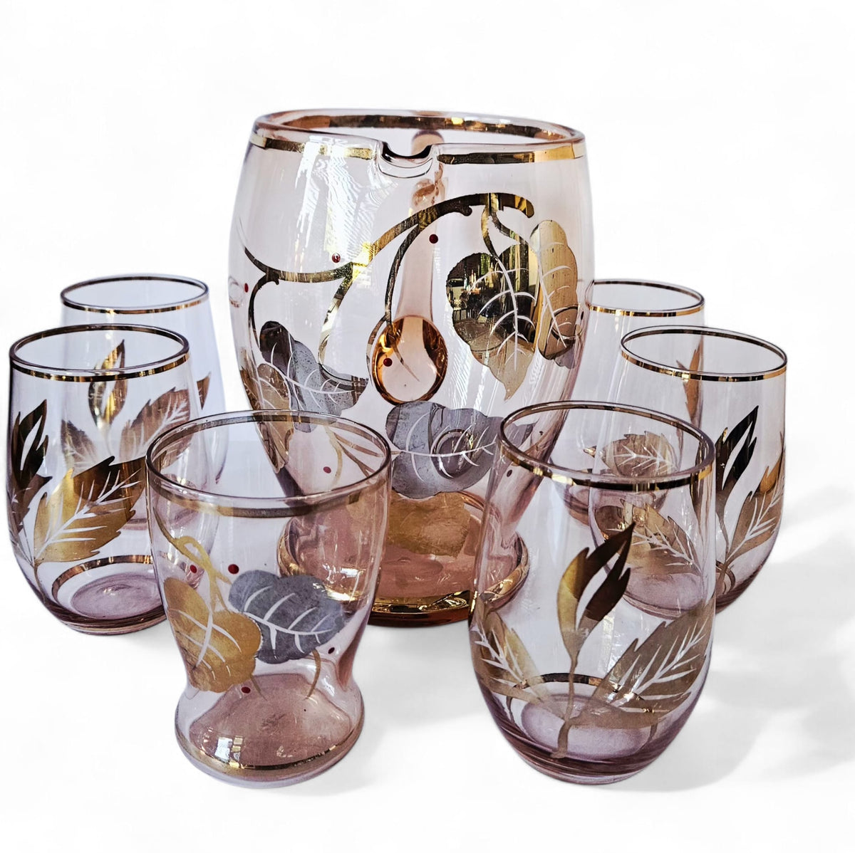 Vintage Bohemia Lemonade Set: Pink Pitcher & Gold leaves Glasses, 1950s
