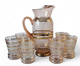 MCM 1950s Vintage Pink and Gold striped Pitcher & 6 Glasses Barware