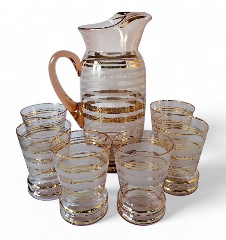 MCM 1950s Vintage Pink and Gold striped Pitcher & 6 Glasses Barware