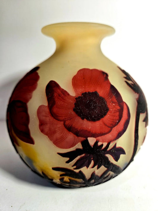 Magnificent Muller Freres Luneville acid-etched Poppies Vase Circa 1920