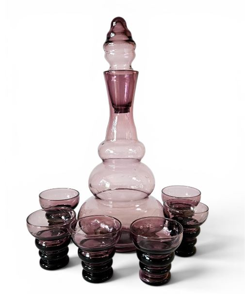 Rare Small Empoli Purple Etched Glass Decanter Set / Genie Bottle