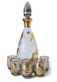 MCM Glass Carafe w/ 5 shot glasses,etched Floral Pattern in Cabana Style