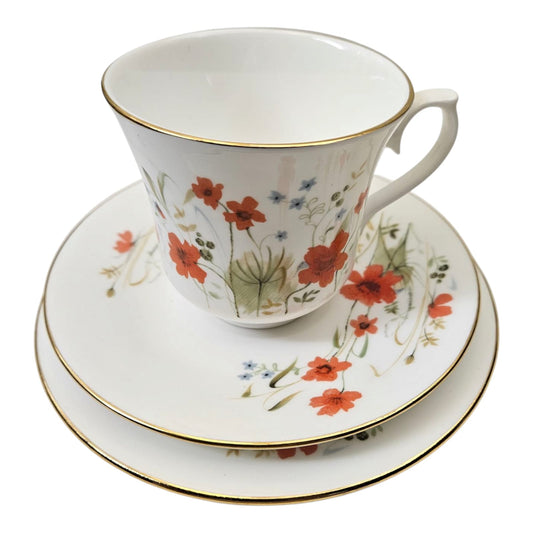 Vintage 1950's Queen Anne bone china "Carmina" poppy pattern trio