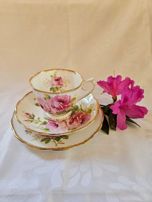 Royal Albert American Beauty Tea Set trio, Pink Rose & Gold trim c. 1960