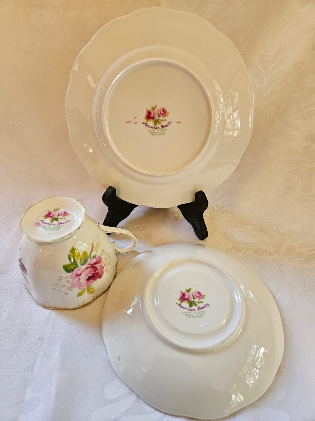 Royal Albert American Beauty Tea Set trio, Pink Rose & Gold trim c. 1960