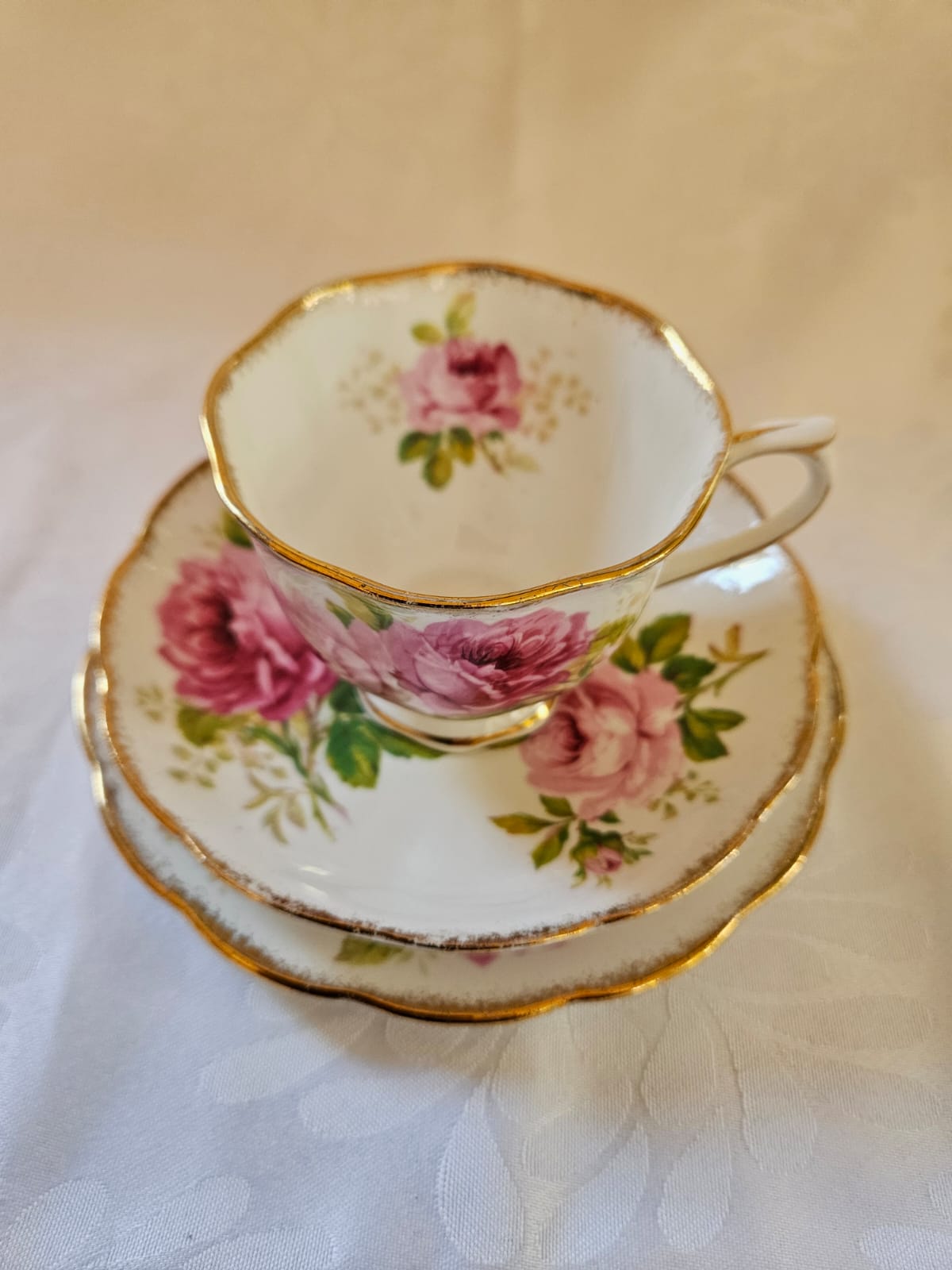 Royal Albert American Beauty Tea Set trio, Pink Rose & Gold trim c. 1960