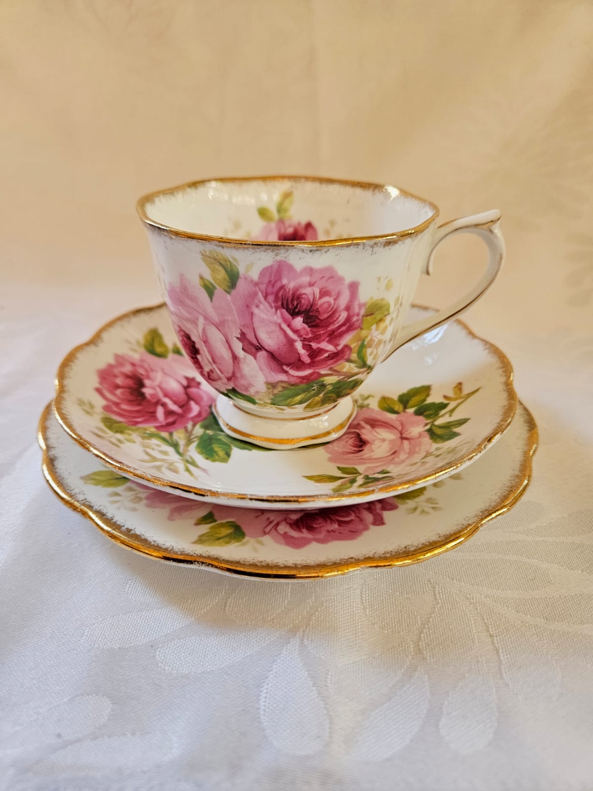 Royal Albert American Beauty Tea Set trio, Pink Rose & Gold trim c. 1960