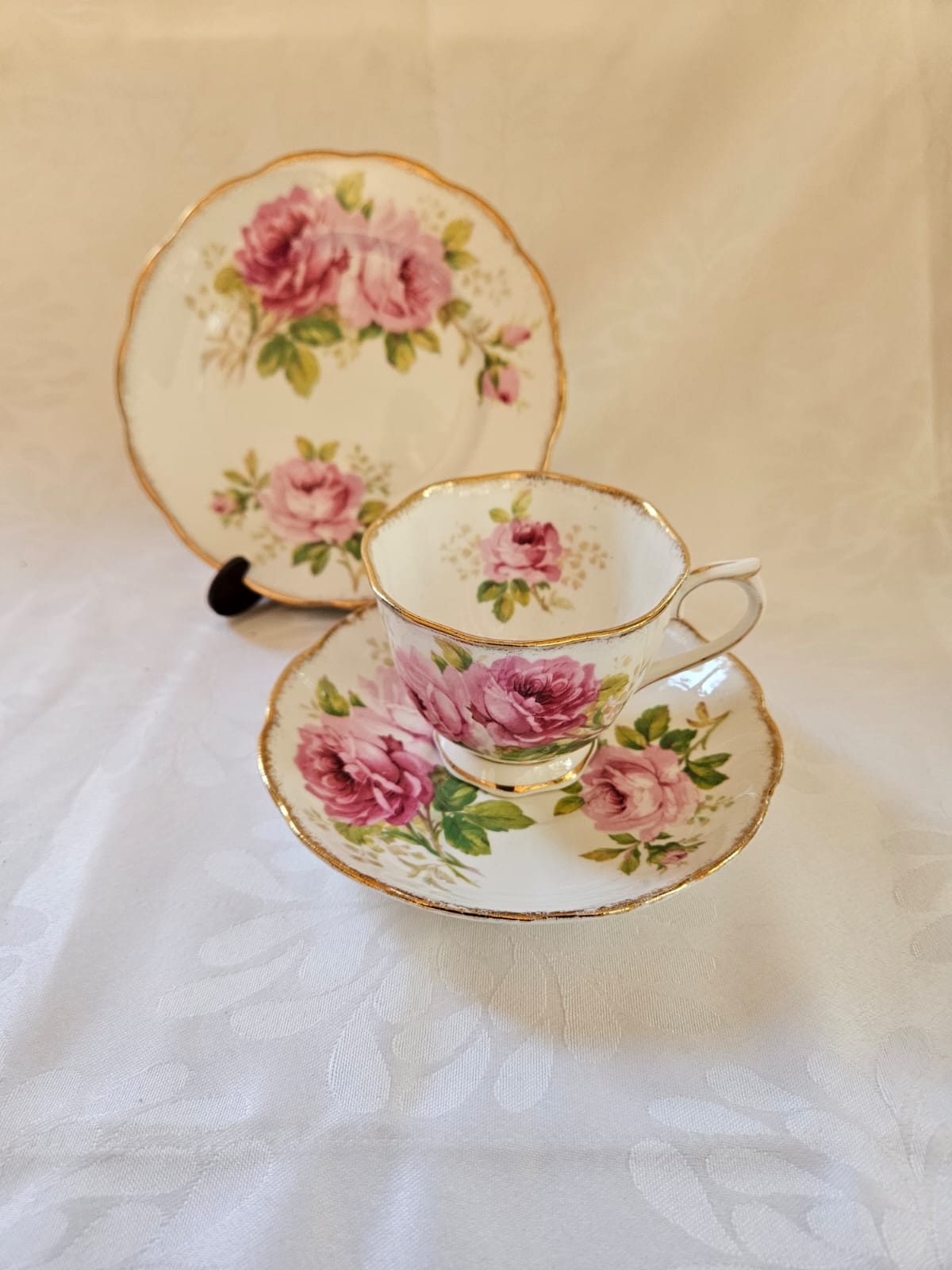 Royal Albert American Beauty Tea Set trio, Pink Rose & Gold trim c. 1960