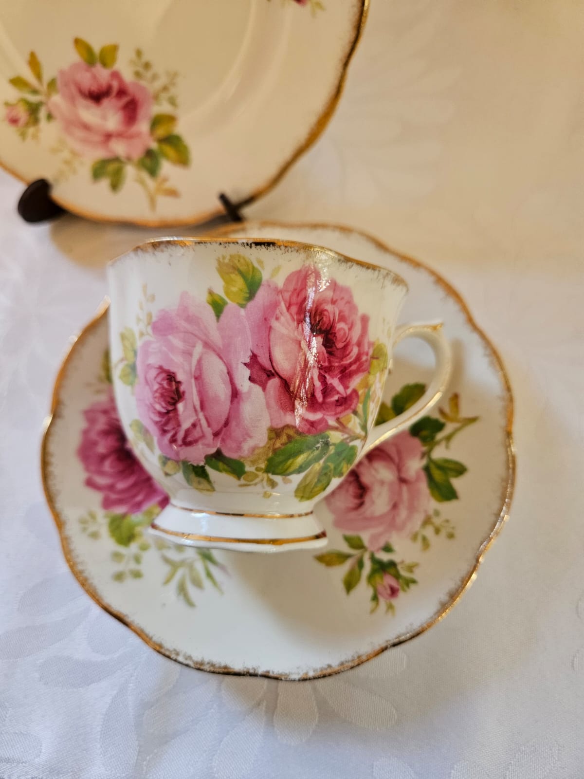 Royal Albert American Beauty Tea Set trio, Pink Rose & Gold trim c. 1960