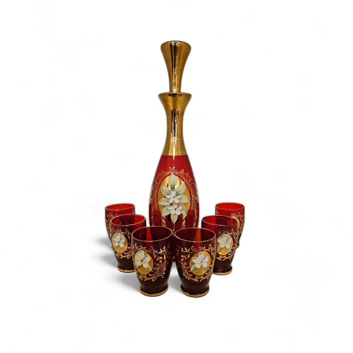 Vintage Venetian Ruby Red Decanter 24c Gold Gilt Murano