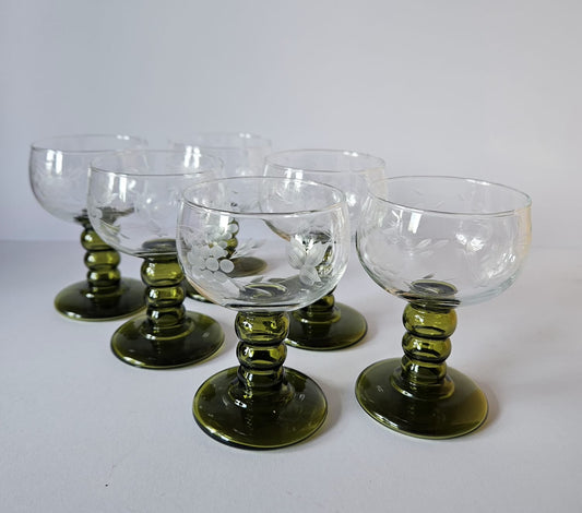 Set of 6 Vintage German Roemer Wine Glasses Olive Green stem, etched