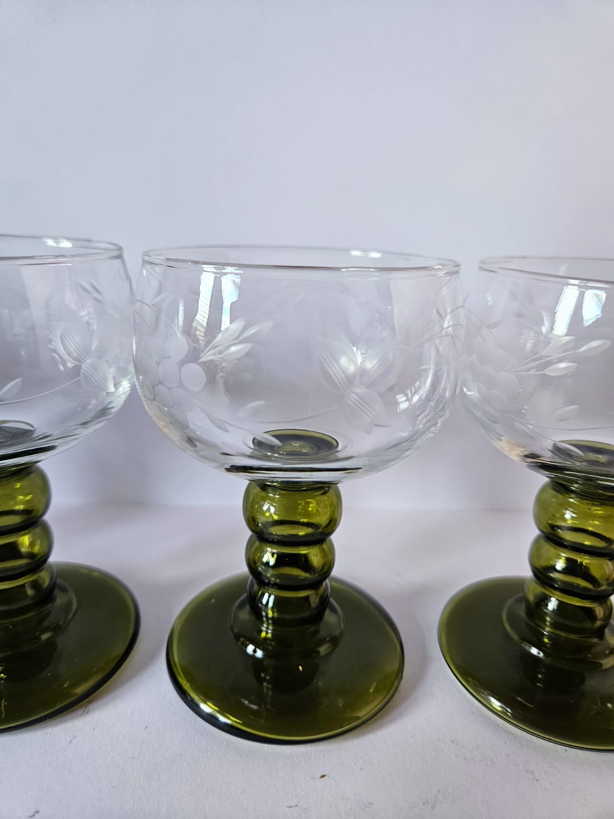 Set of 6 Vintage German Roemer Wine Glasses Olive Green stem, etched