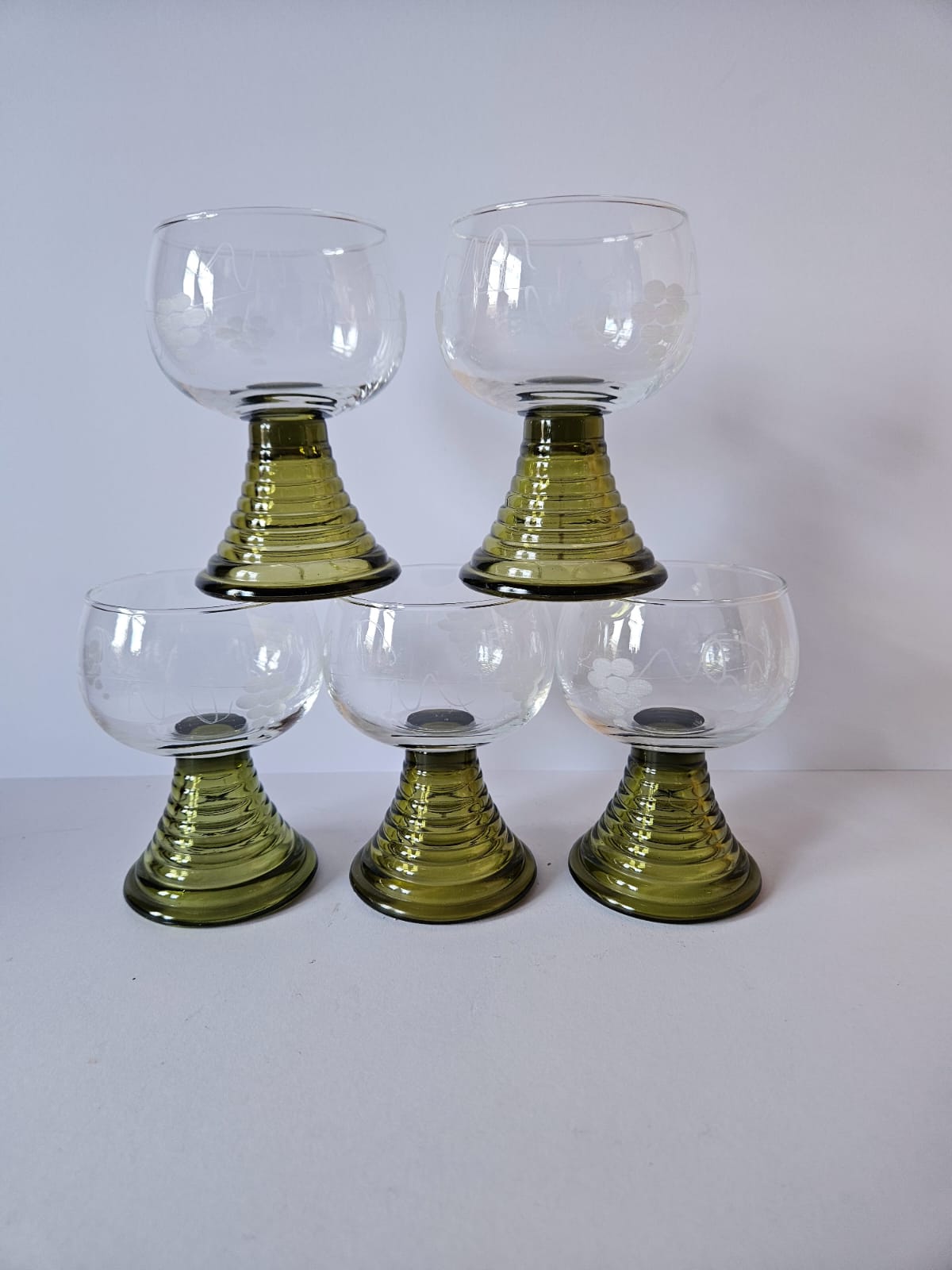 Set of 5 Vintage German Roemer Wine Glasses Hand-Etched Grapevine MCM