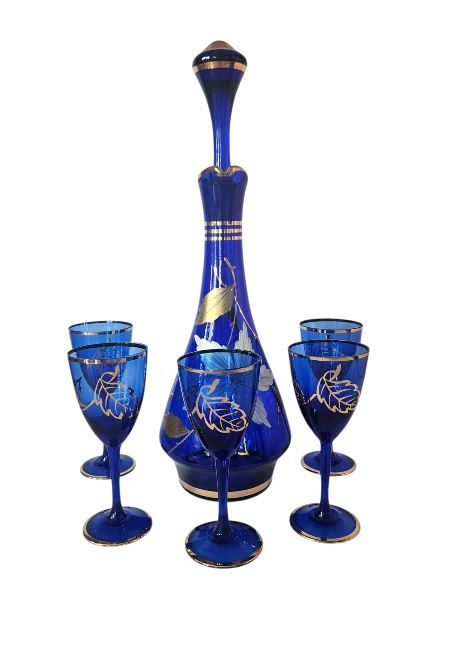 Blue Bohemia Czechoslovakia Decanter and 5 Port Glasses with gold gild