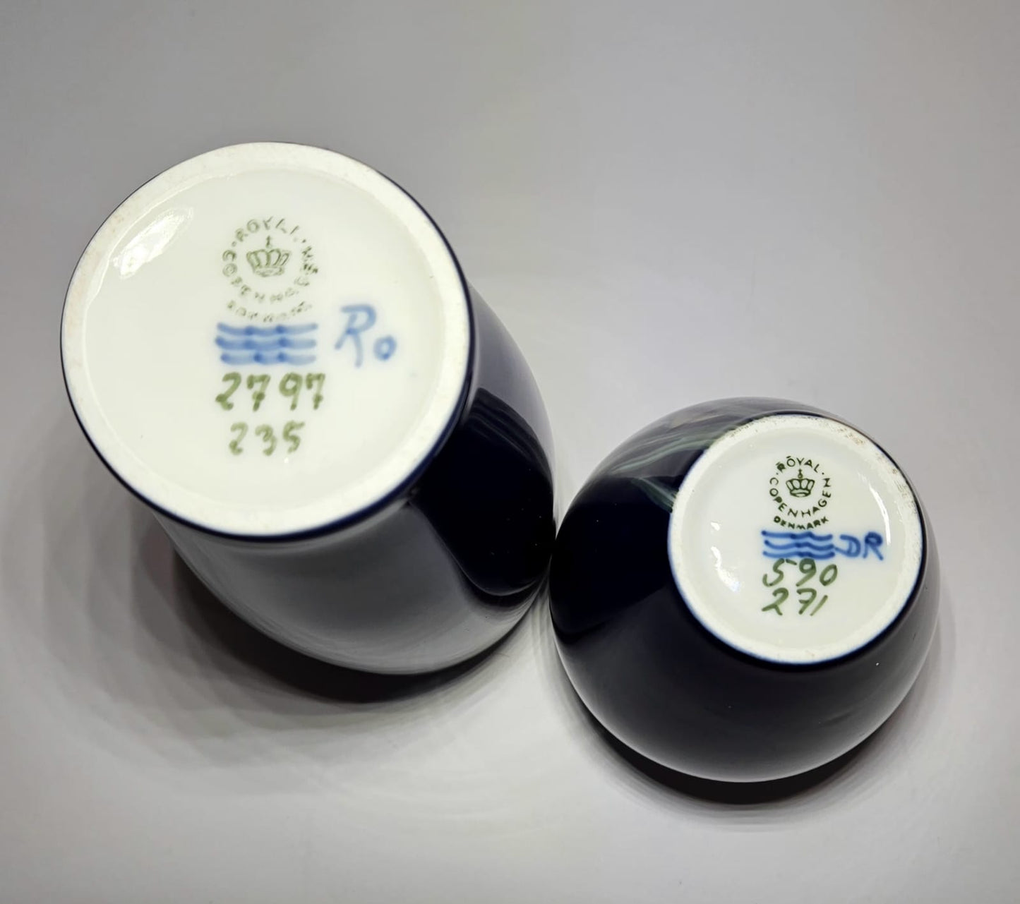 2 x Royal Copenhagen Hand Painted Cobalt Blue Porcelain Floral vases