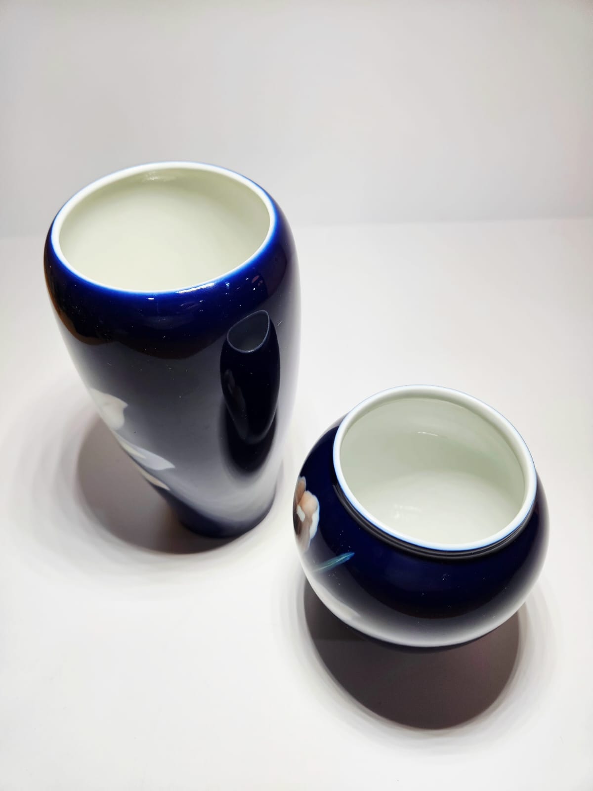 2 x Royal Copenhagen Hand Painted Cobalt Blue Porcelain Floral vases
