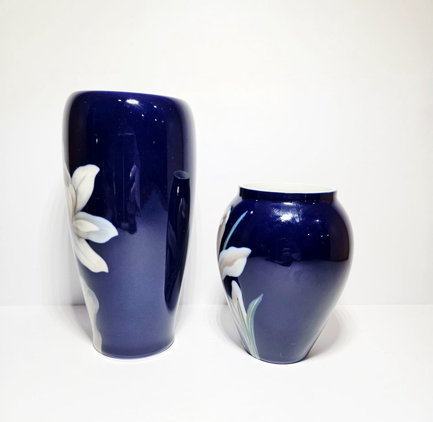 2 x Royal Copenhagen Hand Painted Cobalt Blue Porcelain Floral vases