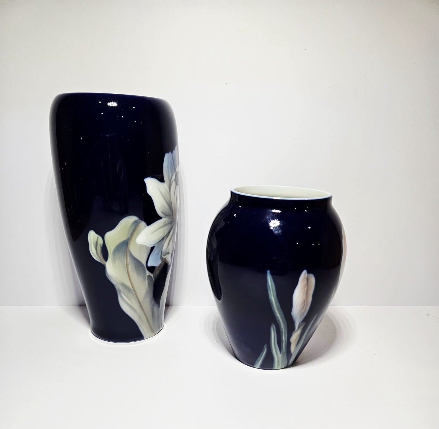 2 x Royal Copenhagen Hand Painted Cobalt Blue Porcelain Floral vases