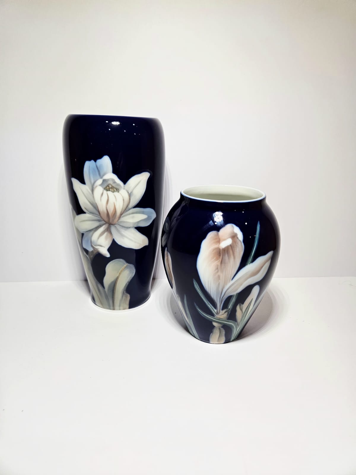 2 x Royal Copenhagen Hand Painted Cobalt Blue Porcelain Floral vases