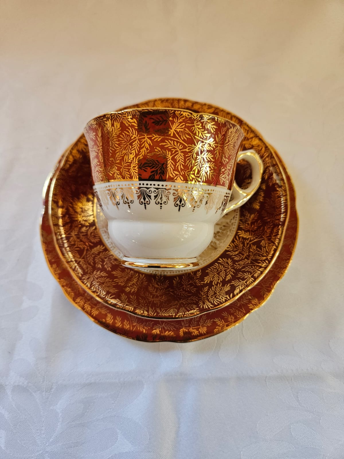 Rare vintage Royal Stafford Tea-set trio Ruby Red & Gold c.1940's