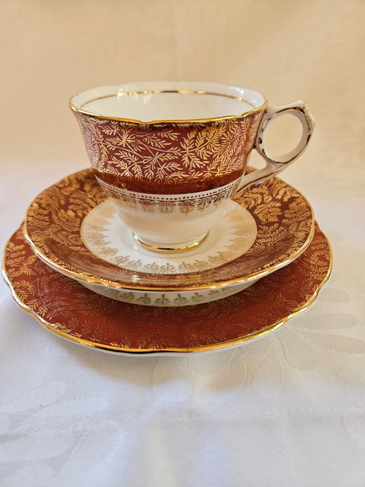 Rare vintage Royal Stafford Tea-set trio Ruby Red & Gold c.1940's