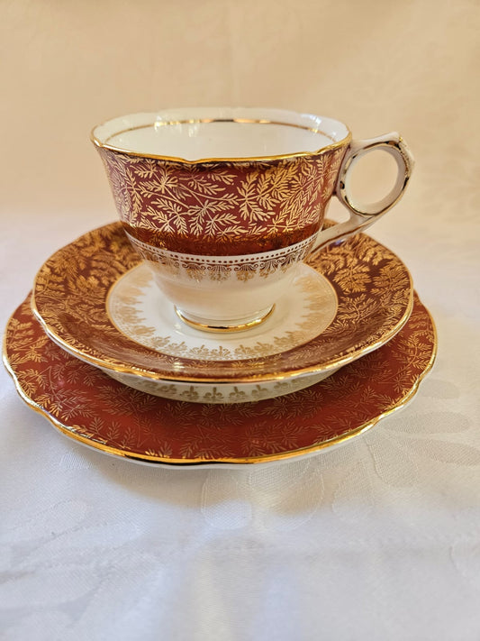 Rare vintage Royal Stafford Tea-set trio Ruby Red & Gold c.1940's