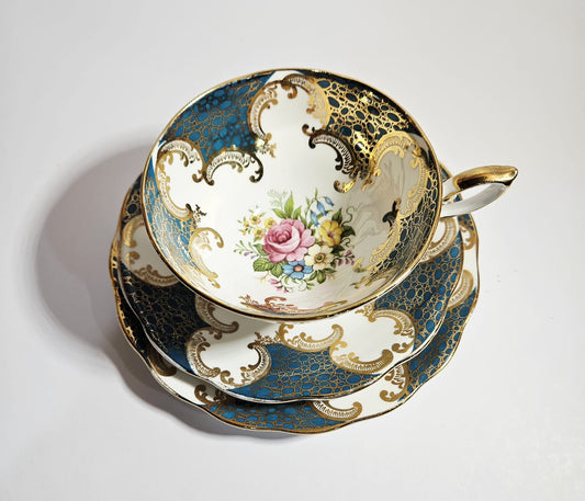 Royal Standard Teal & Gold Trio Fine Bone China with cabbage Roses