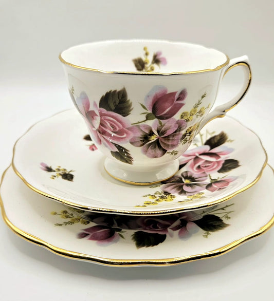 Royal Vale Bone China from England Trio - Roses and Pansies