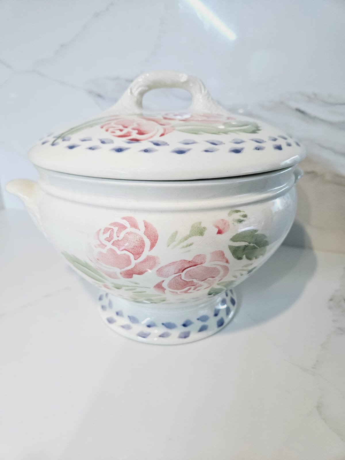 Large Royal Winton Spongeware Pottery Tureen - French Roses pattern