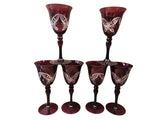 6 Bohemian Cut To Clear Ruby Red Glass Goblets