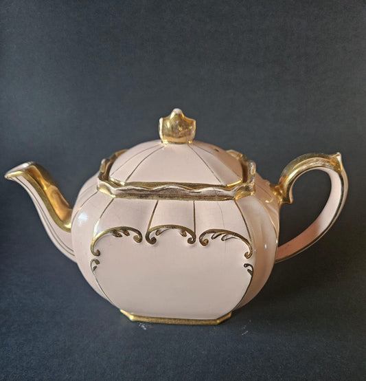 Vintage Sadler Cube Teapot Pink with Gold Gilding 1930s