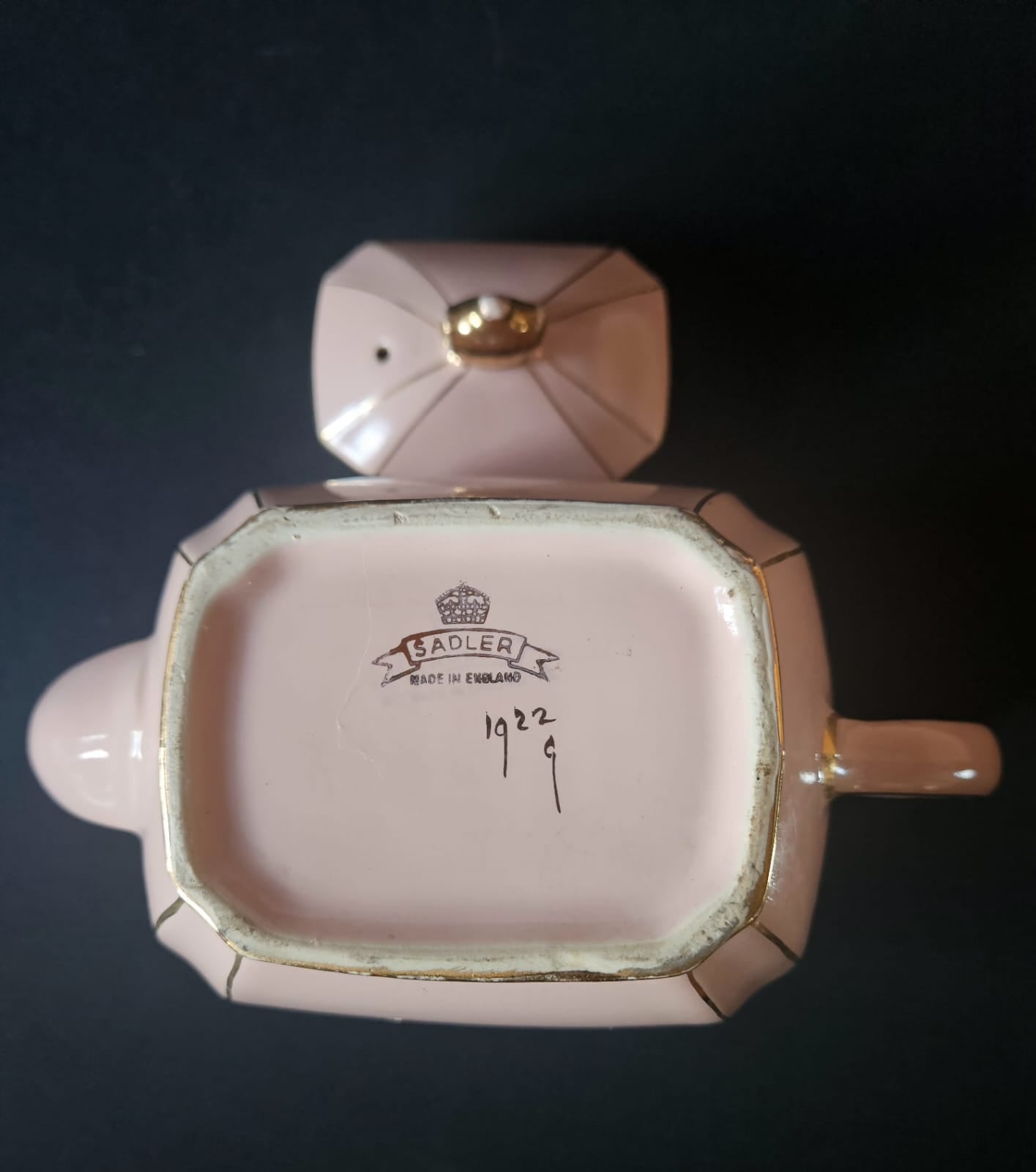 Vintage Sadler Cube Teapot Pink with Gold Gilding 1930s