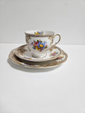Vintage Salisbury Tea Set trio - White Gold Floral Brown Transferware 1930