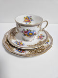 Vintage Salisbury Tea Set trio - White Gold Floral Brown Transferware 1930