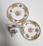Vintage Salisbury Tea Set trio - White Gold Floral Brown Transferware 1930