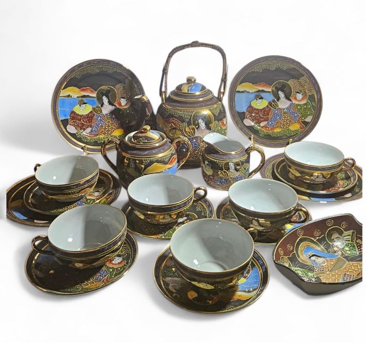 Japanese Satsuma Moriage Eggshell Tea/Coffee 22-piece Set, Hand-painted.