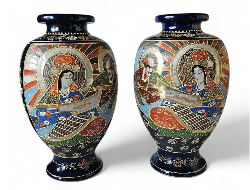 Antique Satsuma Moriage Large twin Baluster Vases of Rakan & Kannon circa 1920