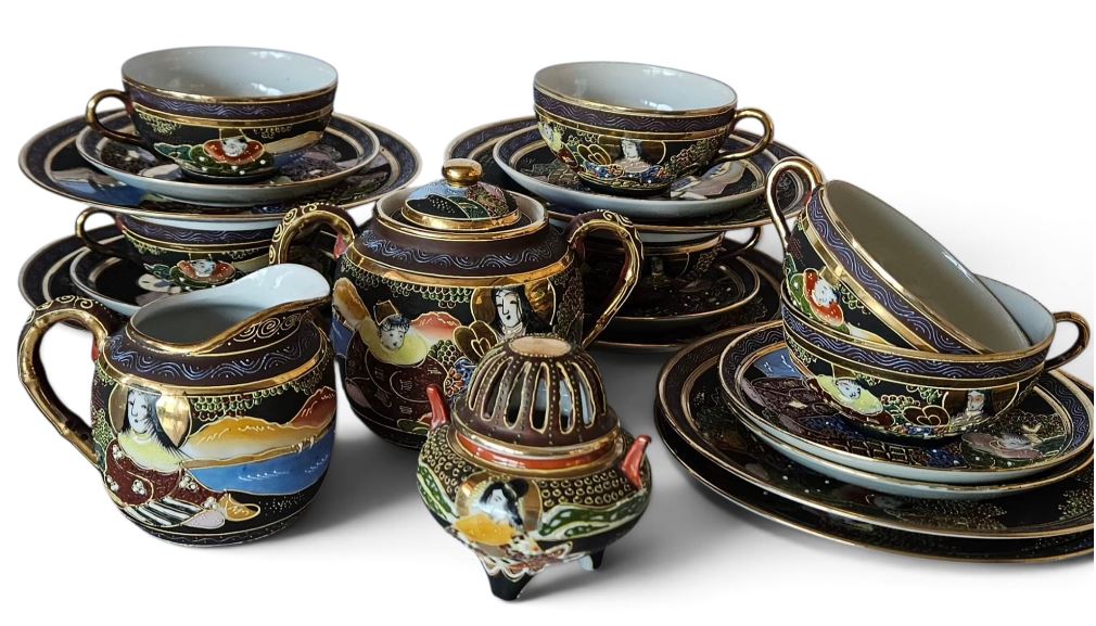 Japanese Satsuma Moriage Eggshell Tea/Coffee 20-piece Set, Hand-painted.
