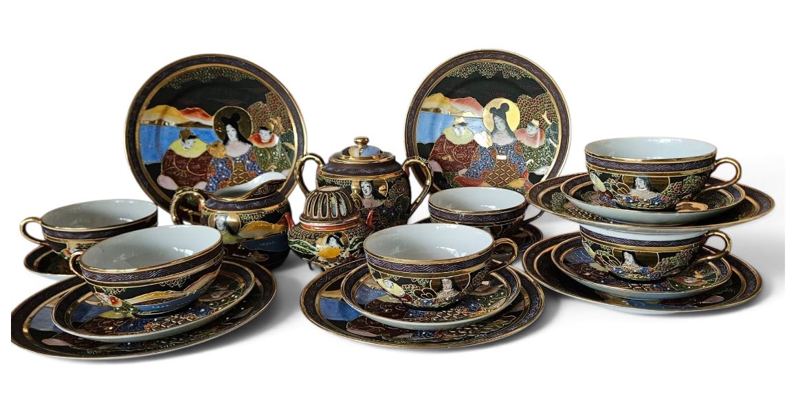 Vintage Satsuma, 21 PCS tea set Moriage, Japanese. mid 20th century