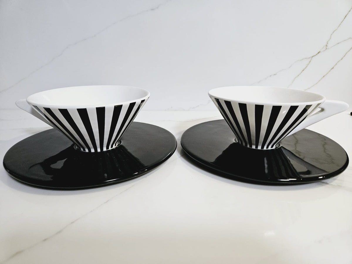 2 Saywell Coffee Cups and saucers Black & White Stripes - Rare find