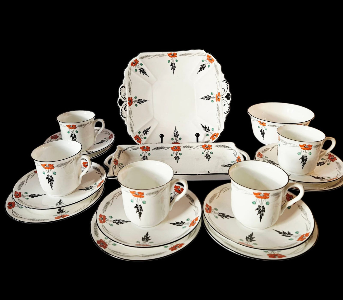 Shelley Tea set for 5 Pattern 11326 "Poppy" Coral Poppy w/Black c.1924