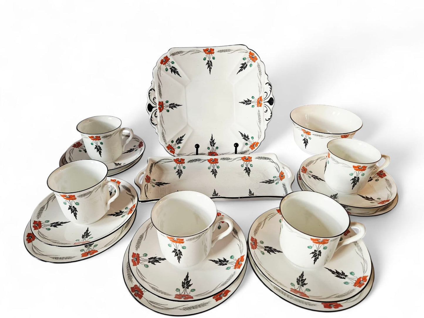Shelley Tea set for 5 Pattern 11326 "Poppy" Coral Poppy w/Black c.1924