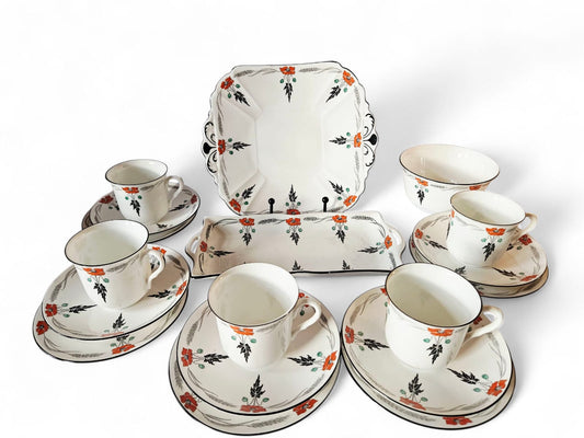 Shelley Tea set for 5 Pattern 11326 "Poppy" Coral Poppy w/Black c.1924