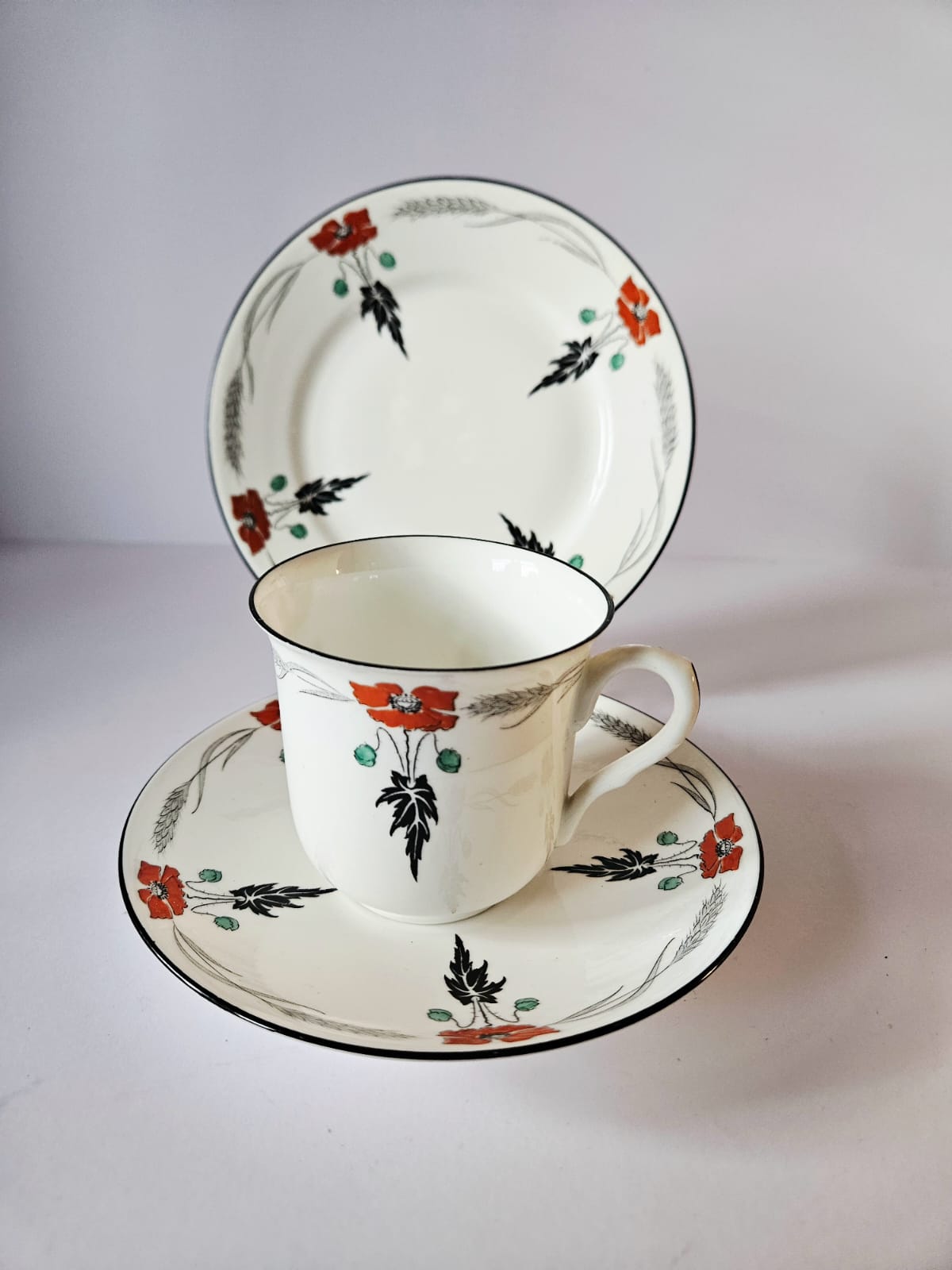 Shelley Tea set for 5 Pattern 11326 "Poppy" Coral Poppy w/Black c.1924
