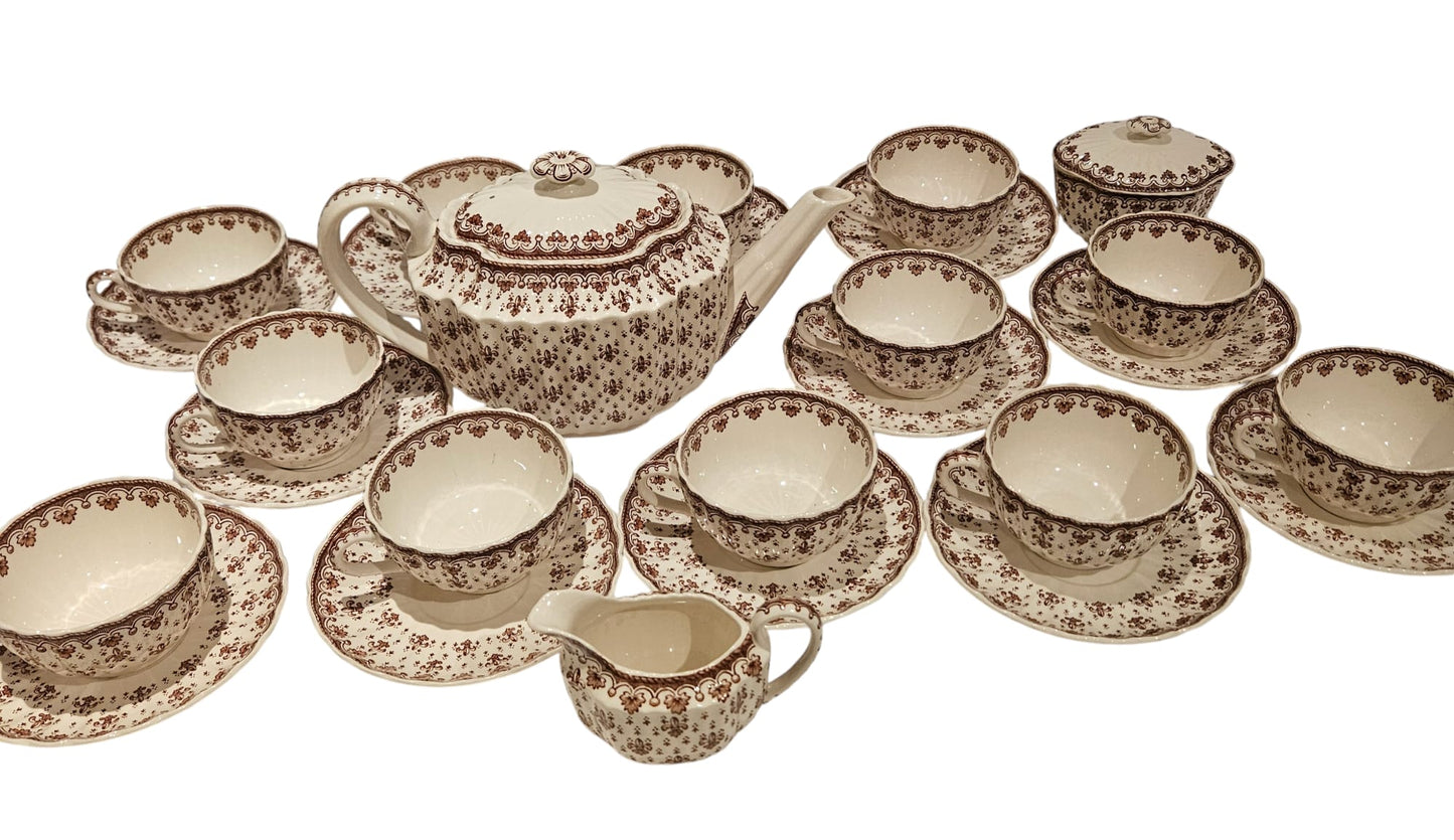 Spode Fleur De Lis Brown earthenware 29 pc Tea set c.1960