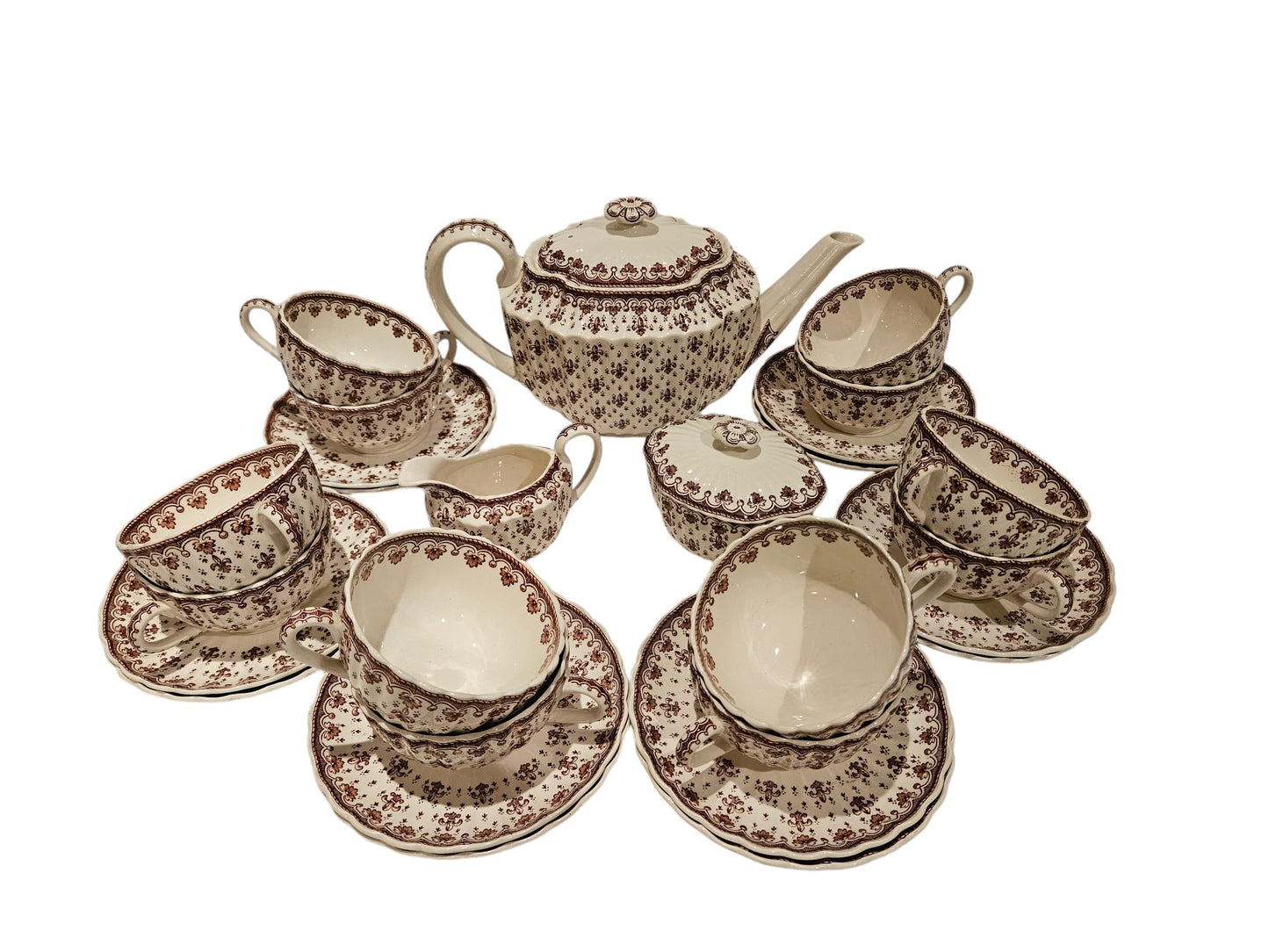 Spode Fleur De Lis Brown earthenware 29 pc Tea set c.1960